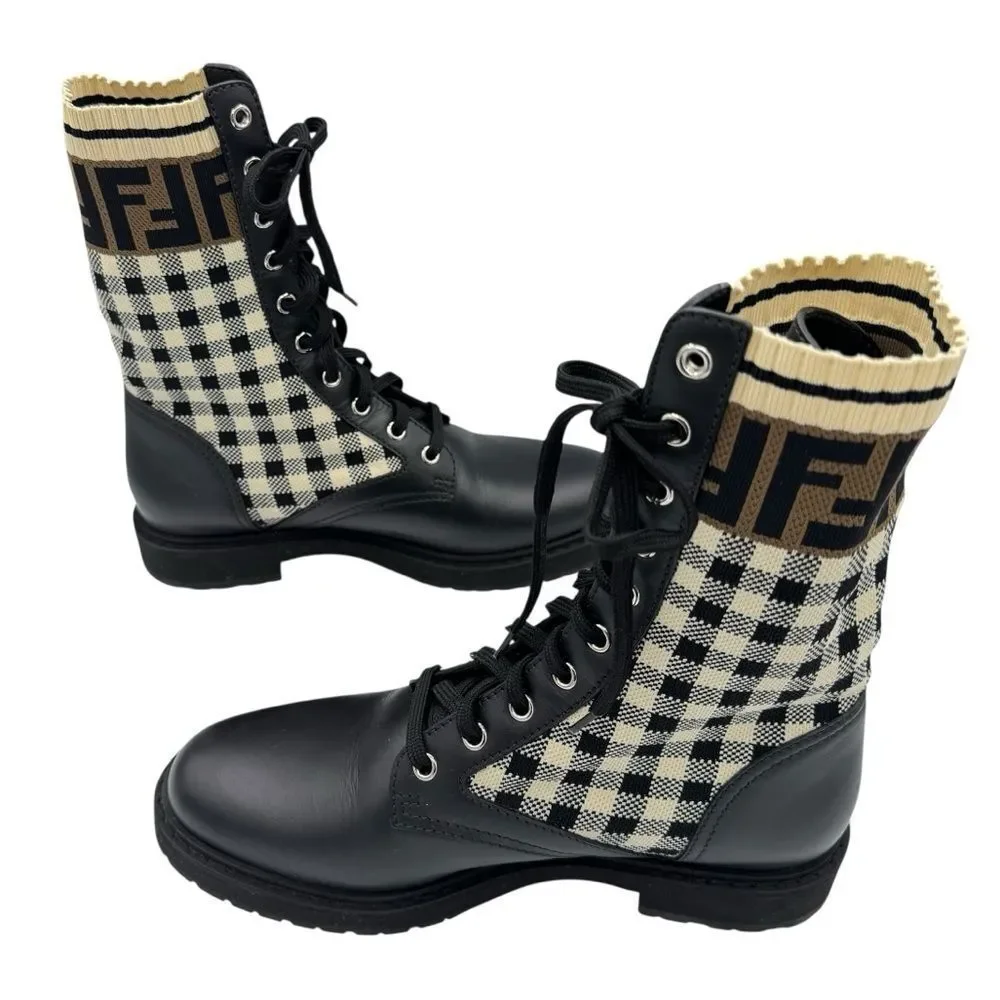 Fendi Rockoko Knit Leather Logo Biker Vitello Combat Boots Size 8.5 - Picture 6 of 12